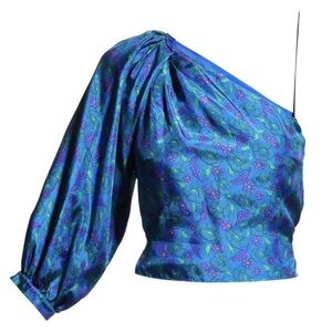 Veronica Beard Lyric One Shoulder Silk Top In Cobalt Multi Cropped Floral Sz 12